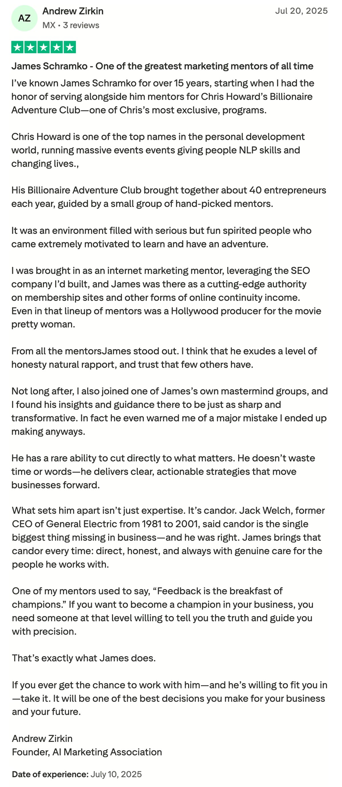 Trustpilot review by Andrew Zirkin